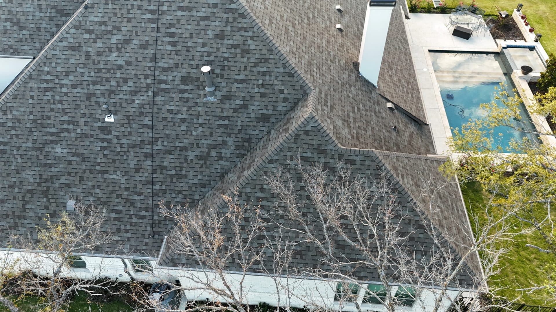 Completed reroof, Class 4 Duration STORM shingle, aerial view